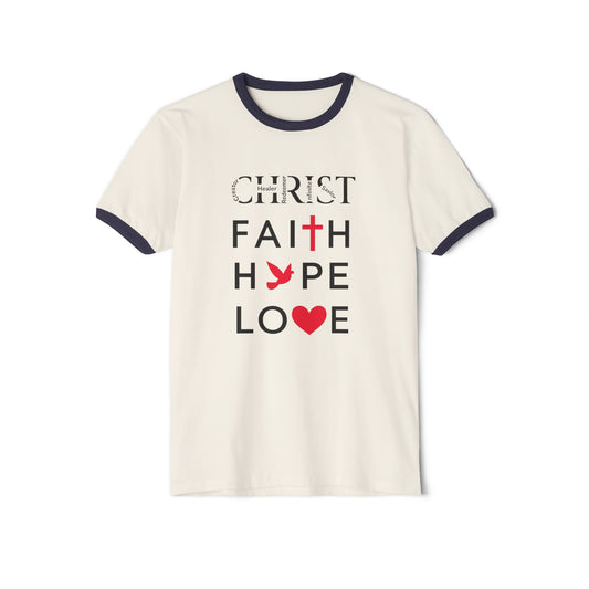 Christian Ringer T-Shirt — 'CHRIST' Front / 'JESUS' Back Religious Tee