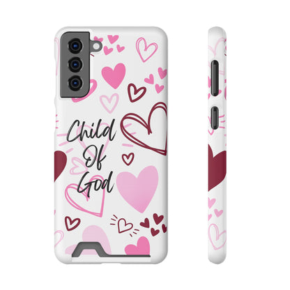 Phone Case — "Child of God" Card Holder Case, Pink Hearts Christian Phone Cover
