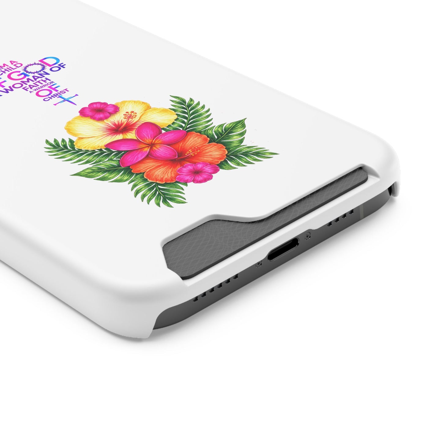 Phone Case with Card Holder — Floral Cross Design: "I Am a Child of God, A Woman of Faith"