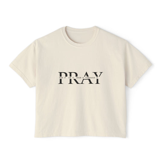 PRAY Script Women's Boxy Tee — Minimal Faith Graphic Crop T-Shirt