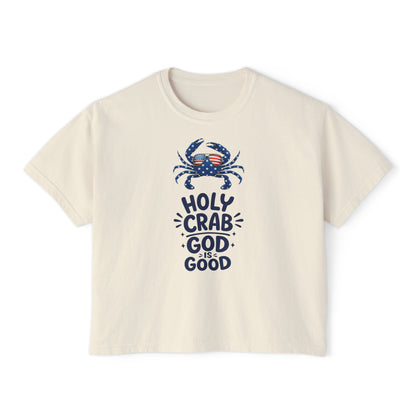 Women’s Boxy Tee — ‘Holy Crab, God Is Good’ Nautical Christian Tee