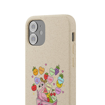 Biodegradable Phone Case — Cute Flamingo & Fruit Hearts "Fruity Love" Eco-Friendly iPhone Cover