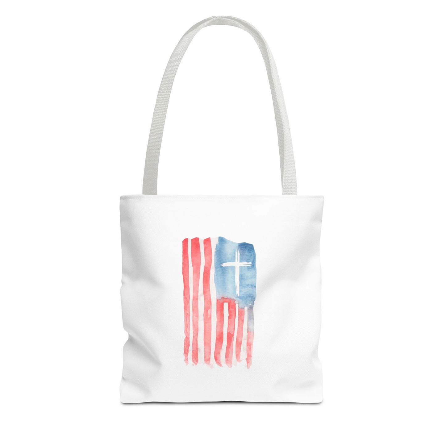 Patriotic Faith Tote Bag — Watercolor Flag with Cross & "Blessed By the Lord" Scripture