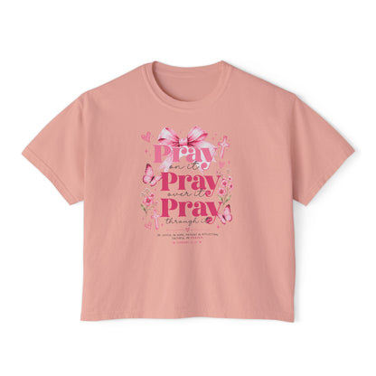 Pray Pray Pray Women's Boxy Tee — Pink Faith Floral Graphic