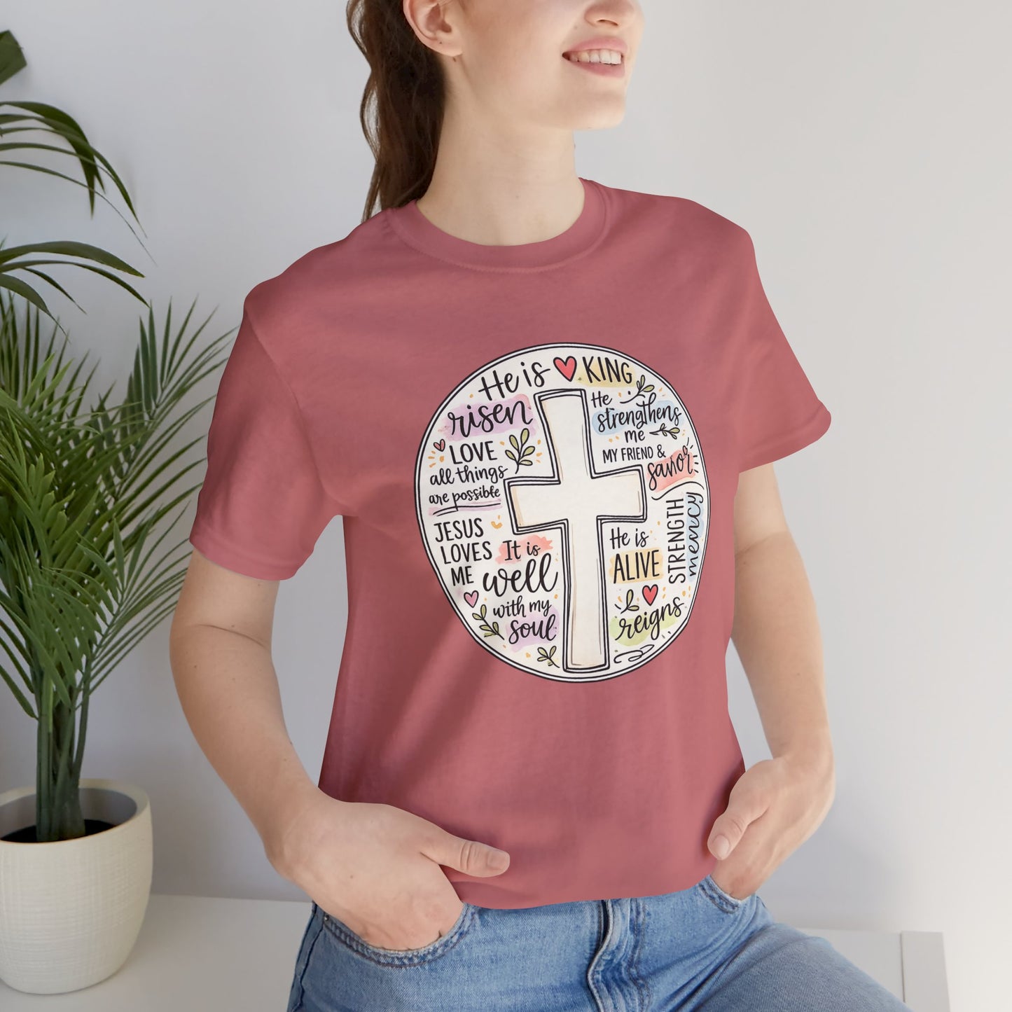 Christian Cross Faith T-Shirt — He Is Risen Inspirational Graphic Tee
