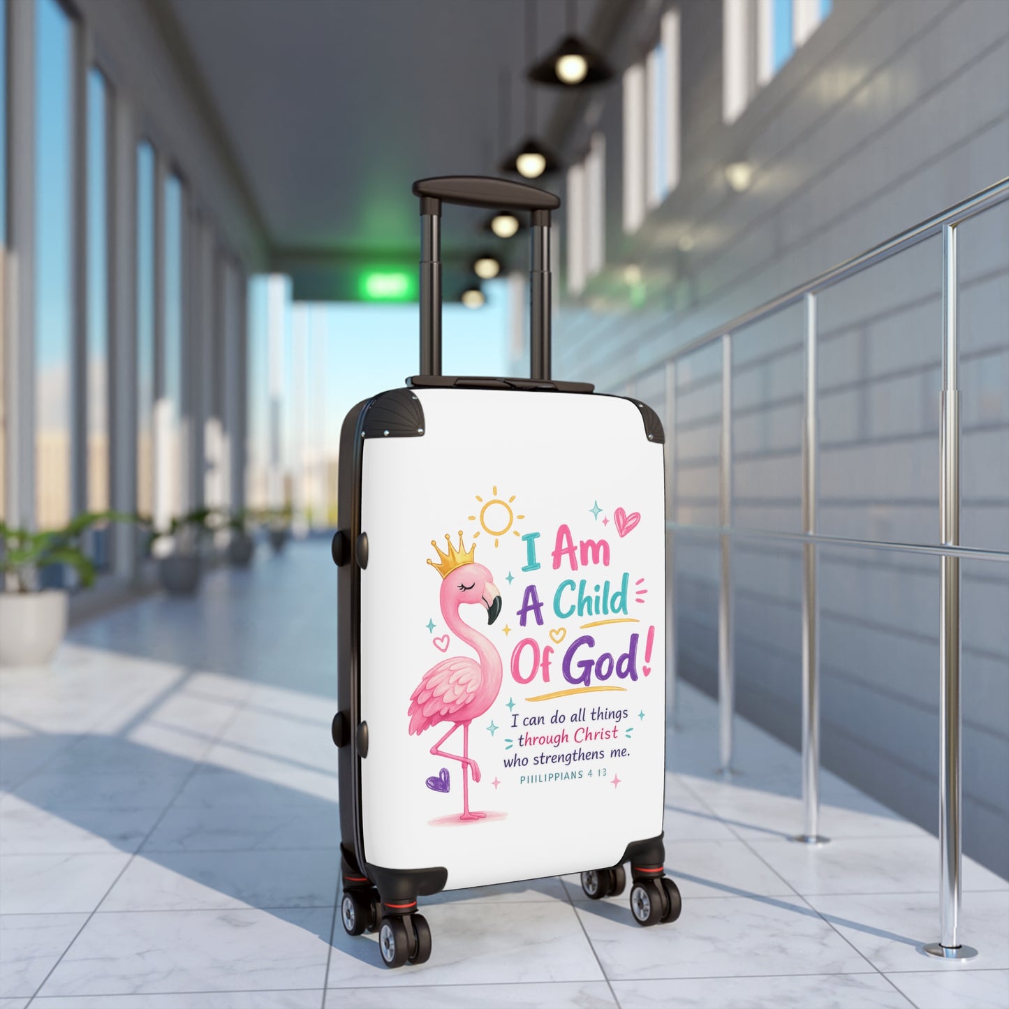Child of God Kids Suitcase – Pink Flamingo Faith Travel Luggage (Philippians 4:13)