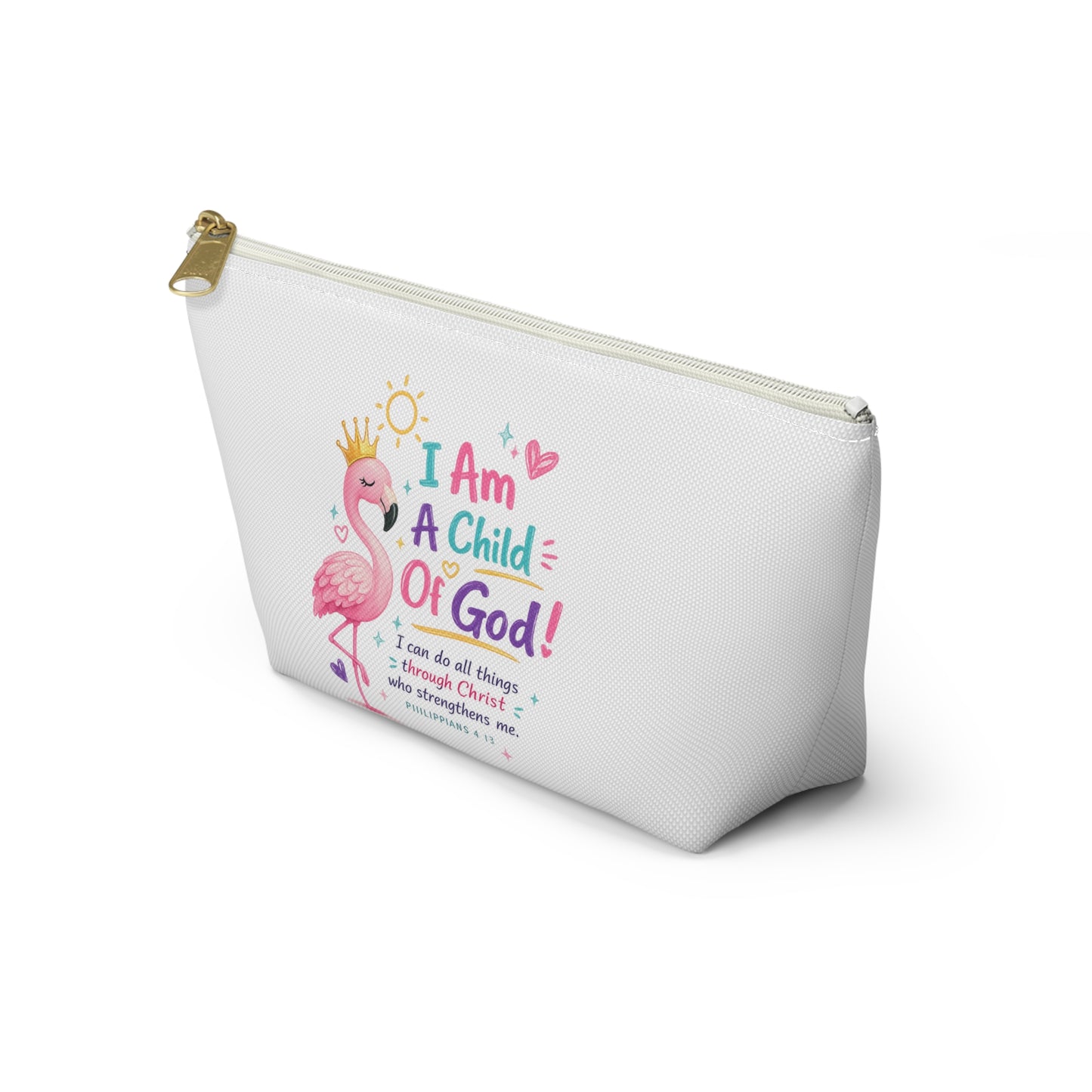 Child of God Flamingo Accessory Pouch — 'I Am A Child Of God' T-Bottom Makeup Bag