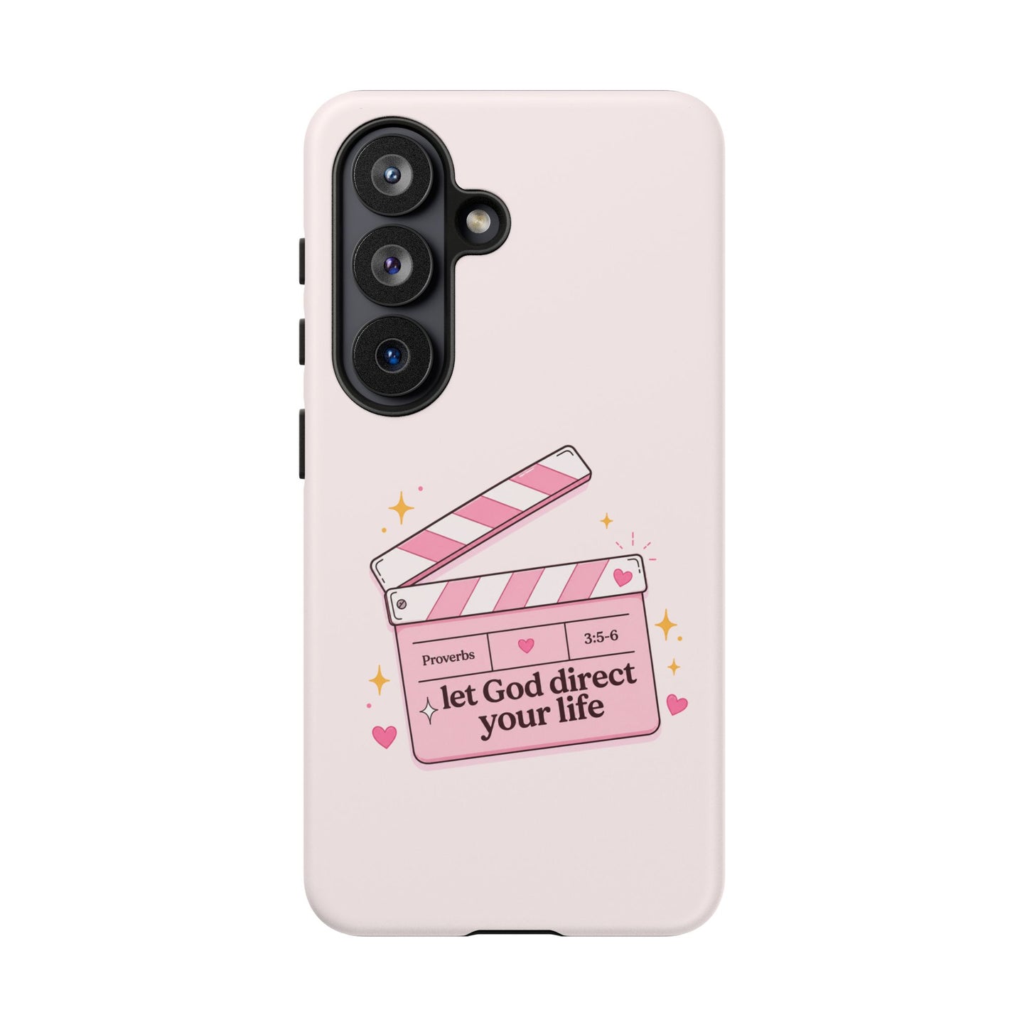 Pink Christian Phone Case — "Let God Direct Your Life" Cute Movie Clapper Design
