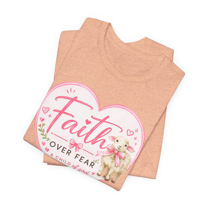 Faith Over Fear Heart T‑Shirt — Pink Floral Lamb Christian Tee