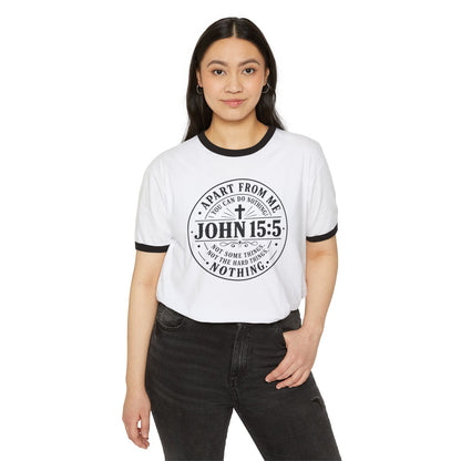 John 15:5 Faith Ringer T‑Shirt — Christian Scripture Tee