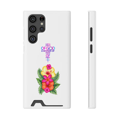 Phone Case with Card Holder — Floral Cross Design: "I Am a Child of God, A Woman of Faith"