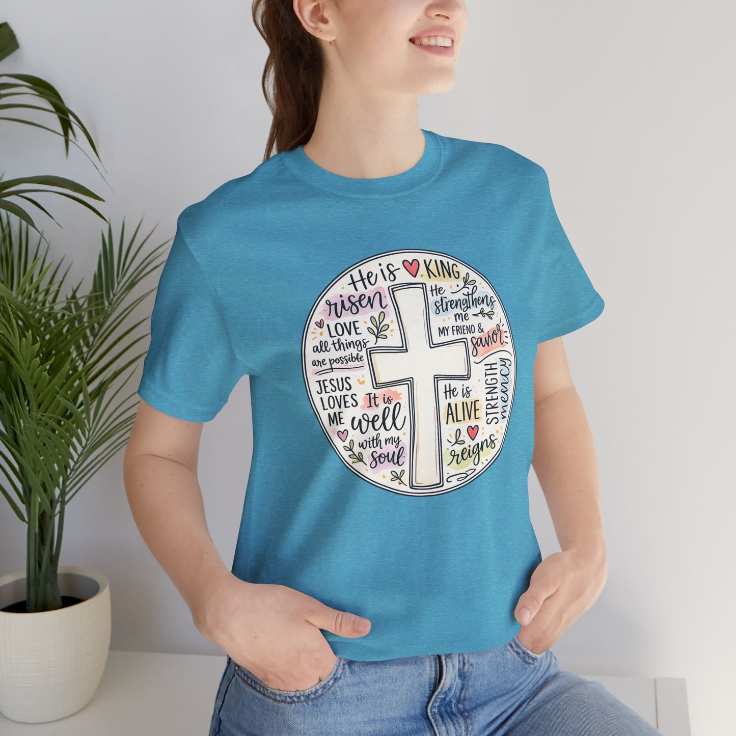 Christian Cross Faith T-Shirt — He Is Risen Inspirational Graphic Tee