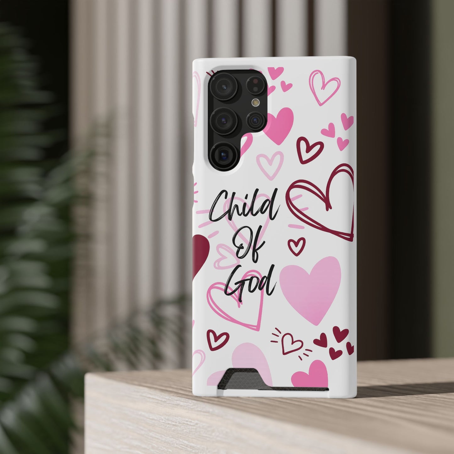 Phone Case — "Child of God" Card Holder Case, Pink Hearts Christian Phone Cover