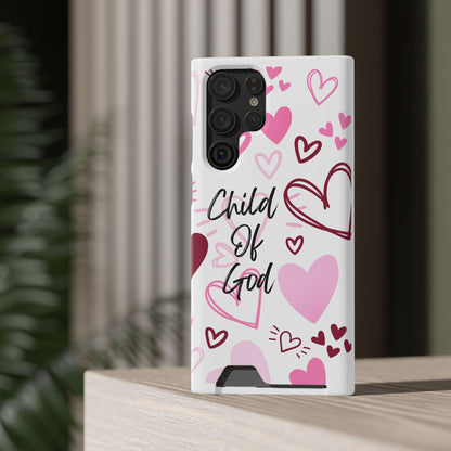 Phone Case — "Child of God" Card Holder Case, Pink Hearts Christian Phone Cover