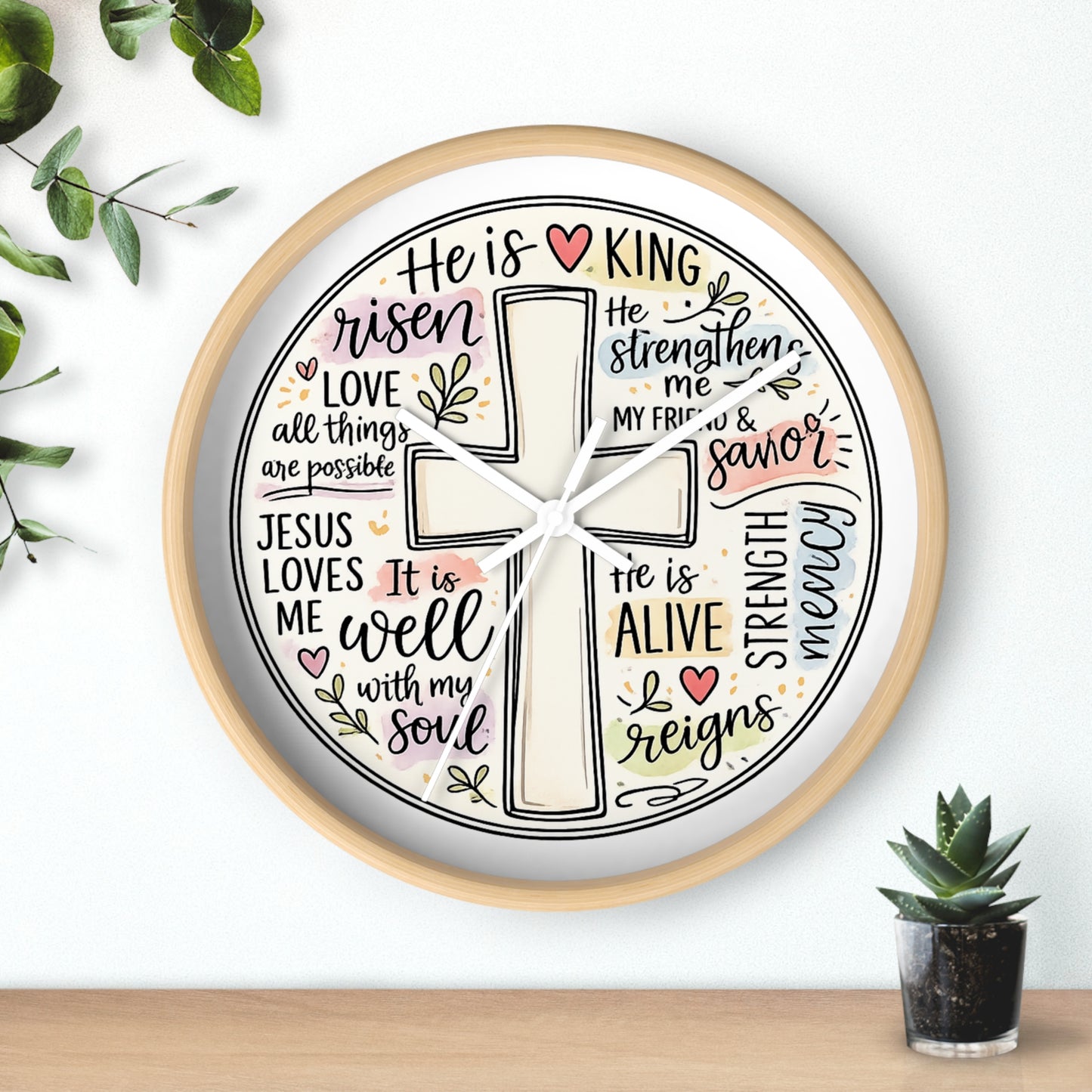Christian Cross Wall Clock — Inspirational Scripture Quote Home Decor (He is Risen • It Is Well • Jesus Loves Me)