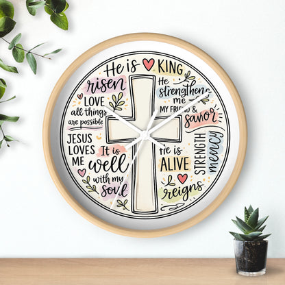 Christian Cross Wall Clock — Inspirational Scripture Quote Home Decor (He is Risen • It Is Well • Jesus Loves Me)