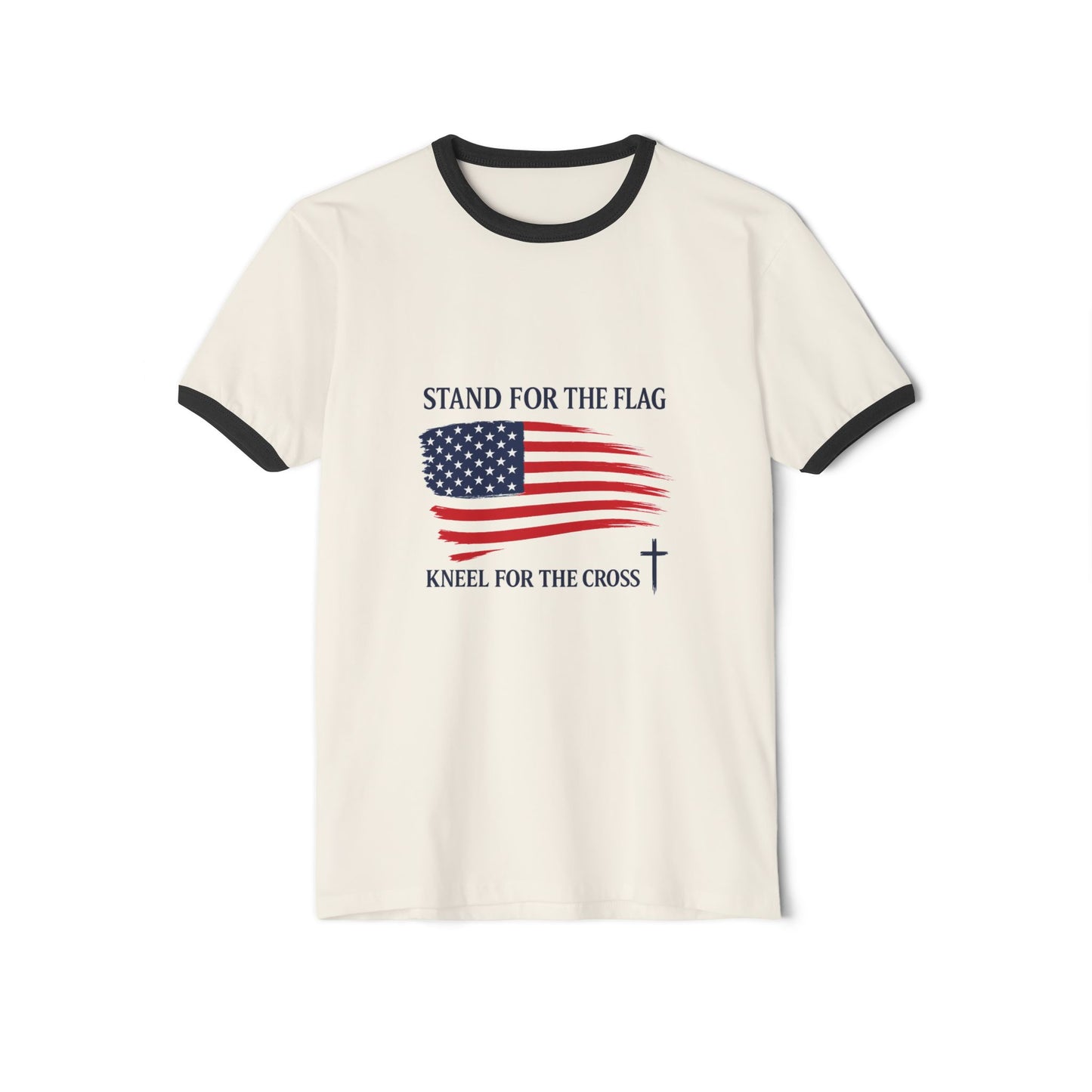 Stand for the Flag, Kneel for the Cross Ringer T-Shirt — America 250 Patriotic Tee