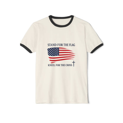 Stand for the Flag, Kneel for the Cross Ringer T-Shirt — America 250 Patriotic Tee