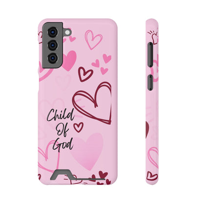 Pink "Child of God" Phone Card Case — Heart Pattern Religious Phone Case with Card Holder