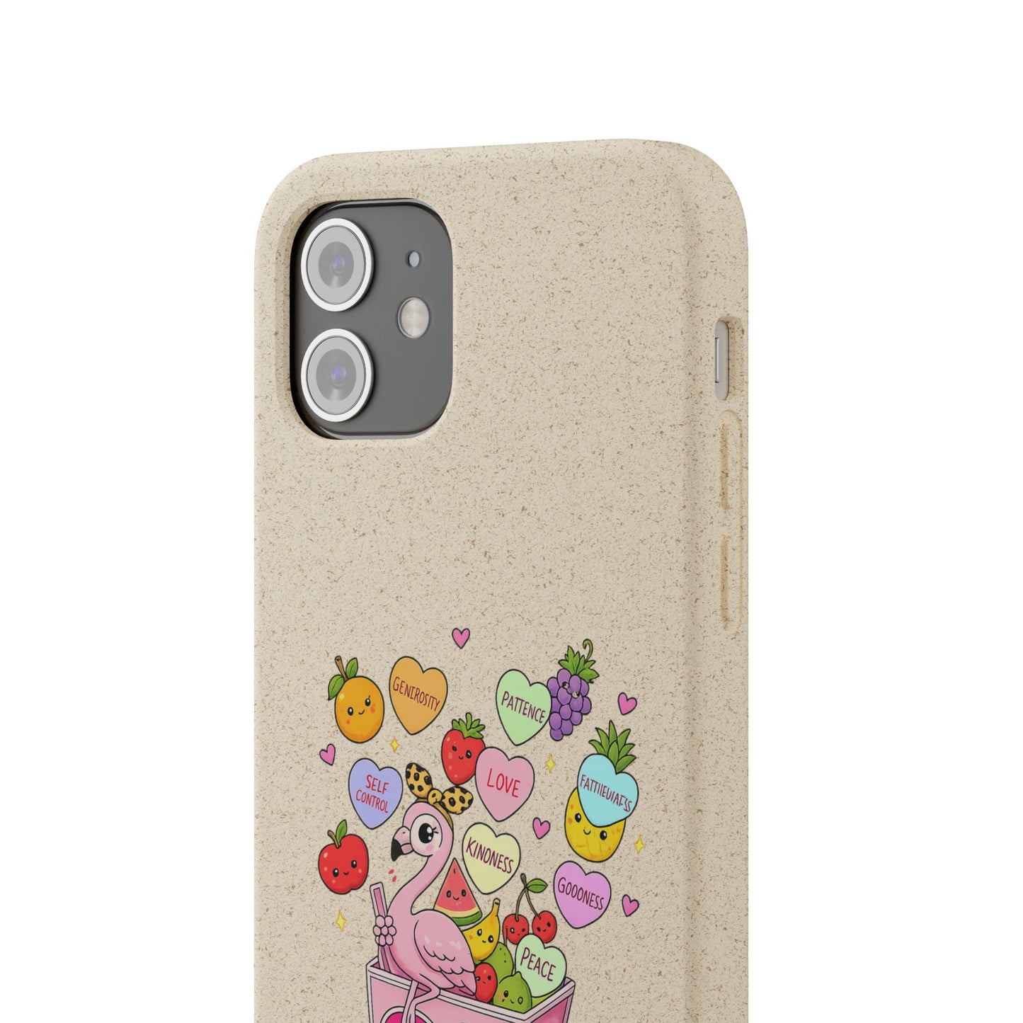 Biodegradable Phone Case — Cute Flamingo & Fruit Hearts "Fruity Love" Eco-Friendly iPhone Cover