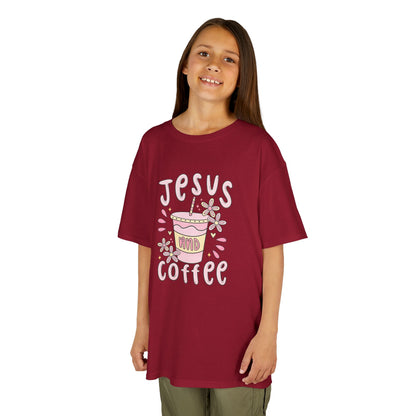 Kids Tee — “Jesus & Coffee” Cute Pastel Faith Graphic