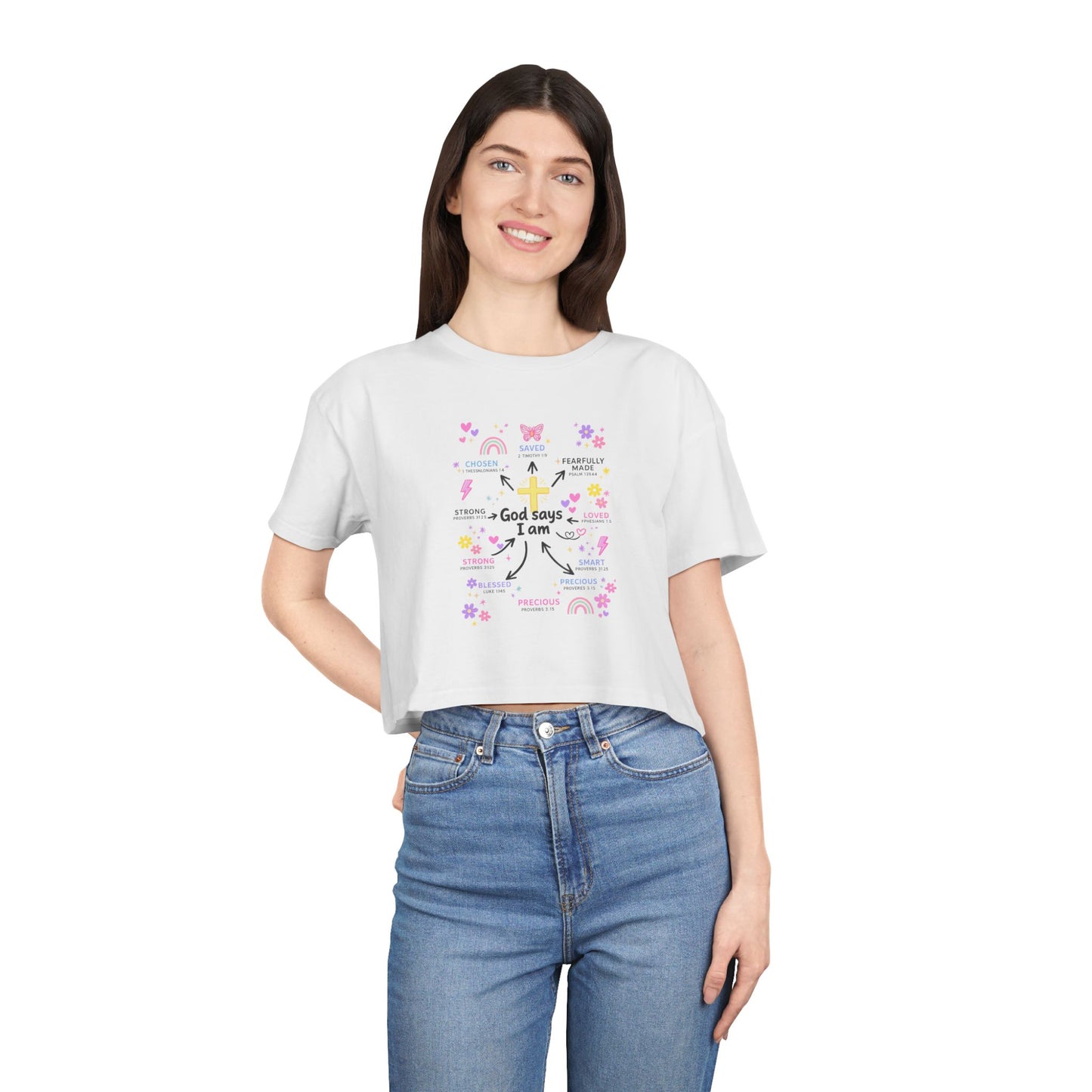 God Says I Am Floral Crop Tee — Christian Inspirational Women's Top