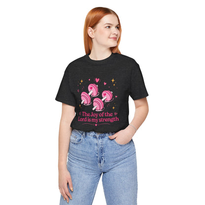 Christian Fitness T-Shirt — “The Joy of the Lord is My Strength” Pink Dumbbells Tee