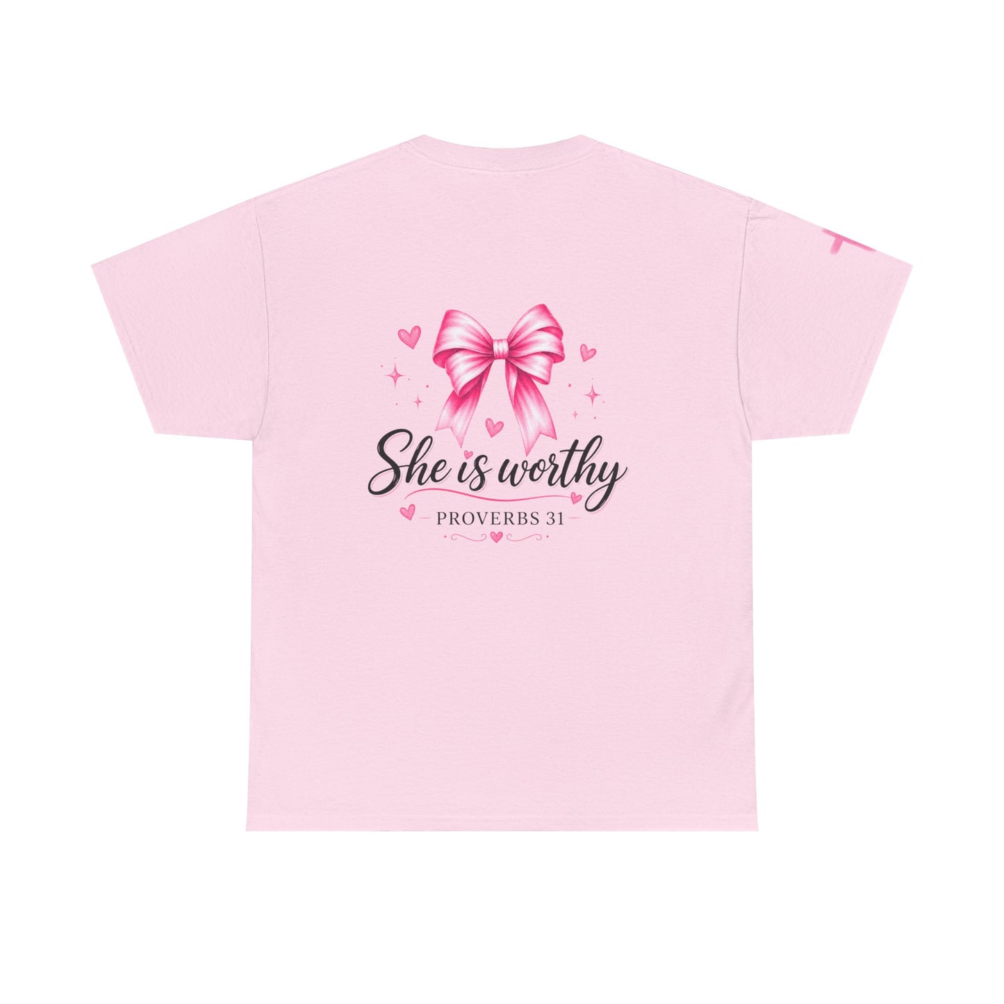 She Is Worthy T-Shirt — "I Know Jesus Loves Me" Pink Bow Christian Tee (Proverbs 31)