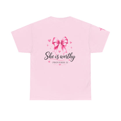 She Is Worthy T-Shirt — "I Know Jesus Loves Me" Pink Bow Christian Tee (Proverbs 31)