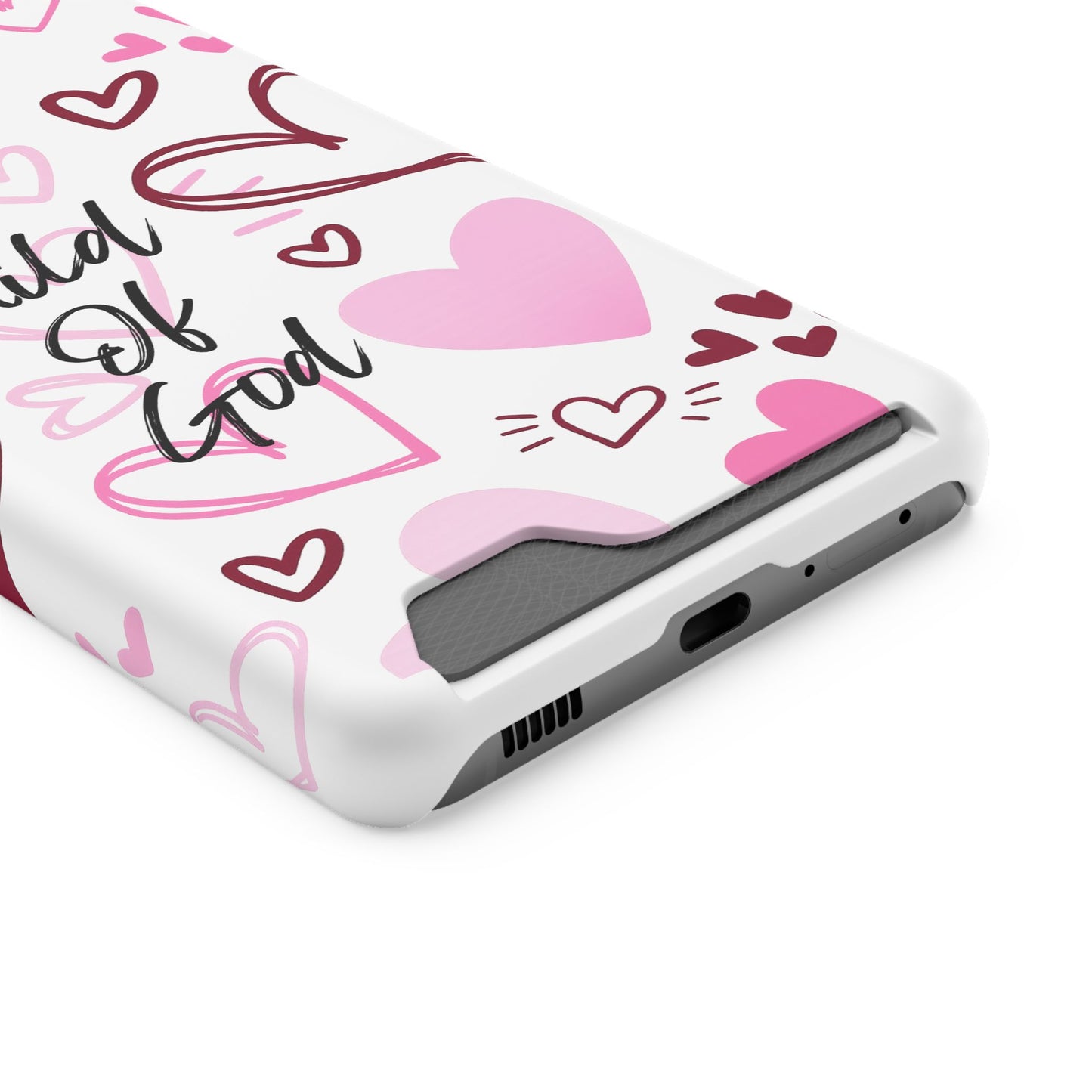 Phone Case — "Child of God" Card Holder Case, Pink Hearts Christian Phone Cover