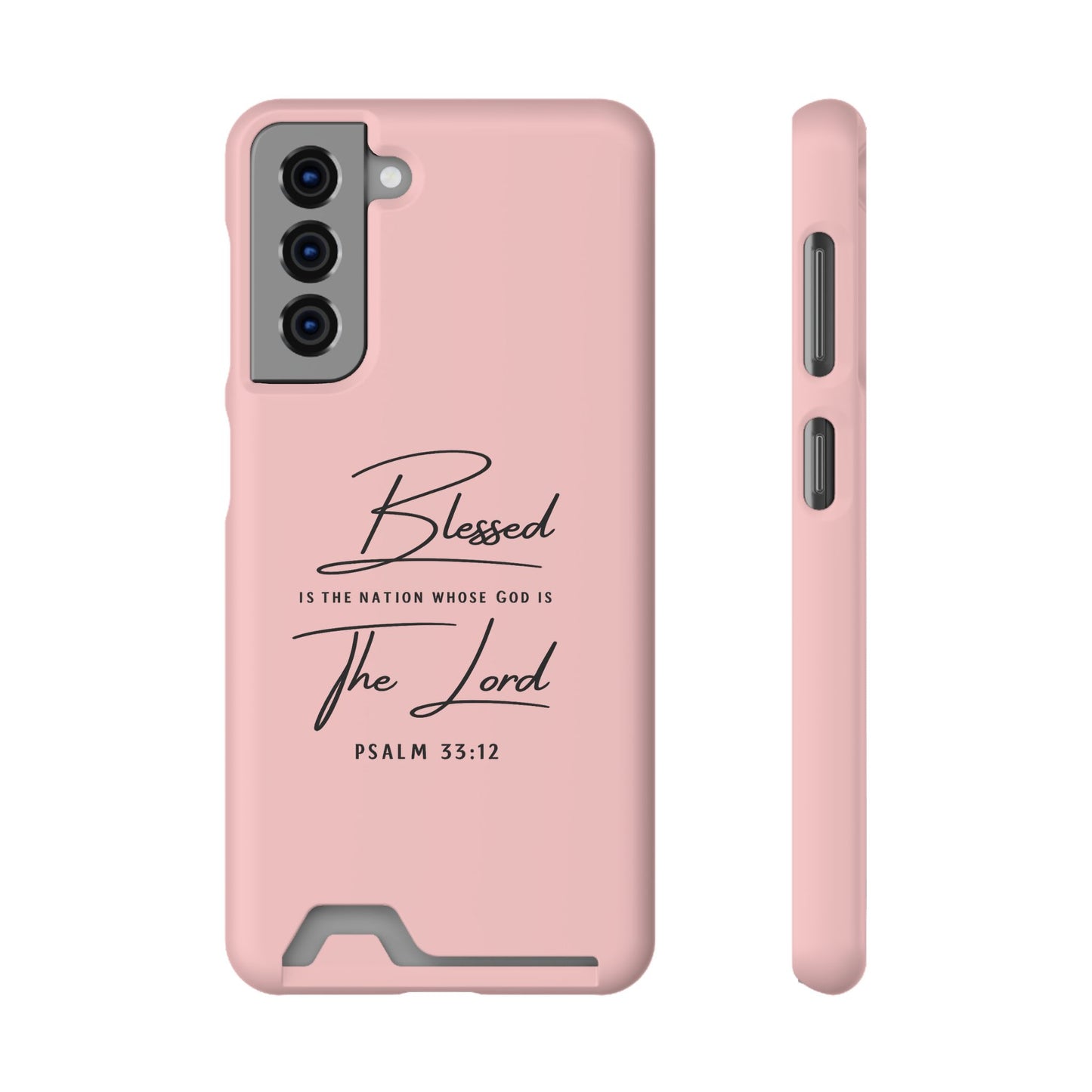 Blessed The Lord Pink Phone Case with Card Holder — Psalm 33:12 Christian Wallet Case