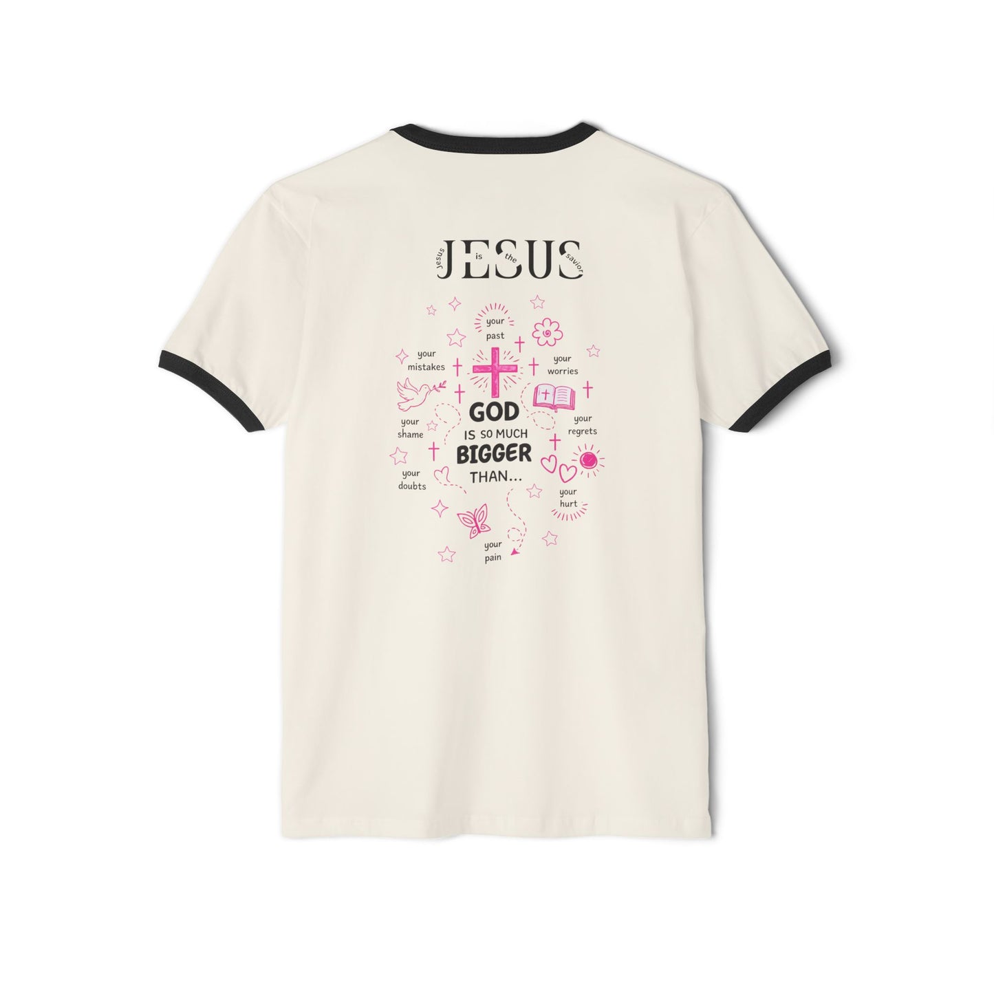 Christian Ringer T-Shirt — 'CHRIST' Front / 'JESUS' Back Religious Tee