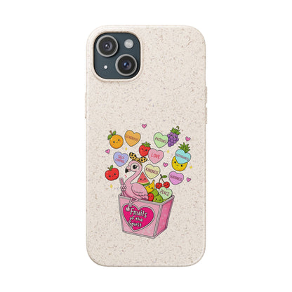 Biodegradable Phone Case — Cute Flamingo & Fruit Hearts "Fruity Love" Eco-Friendly iPhone Cover