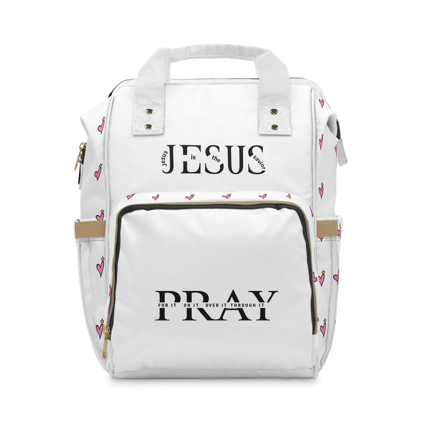 Christian Diaper Backpack — 'Jesus Pray' Convertible Baby Bag with Heart Pattern