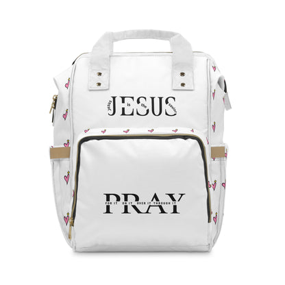 Christian Diaper Backpack — 'Jesus Pray' Convertible Baby Bag with Heart Pattern
