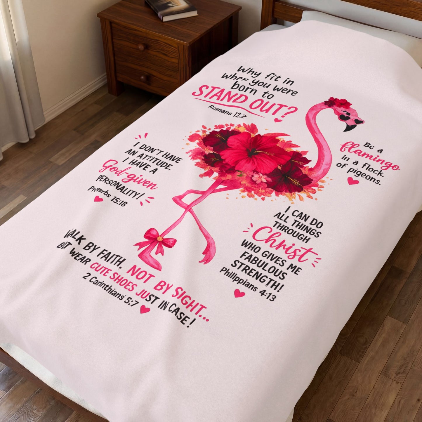 Flamingo Faith Velveteen Plush Blanket – Inspirational Bible Verse Throw ("Stand Out")