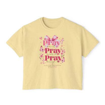 Pray Pray Pray Women's Boxy Tee — Pink Faith Floral Graphic
