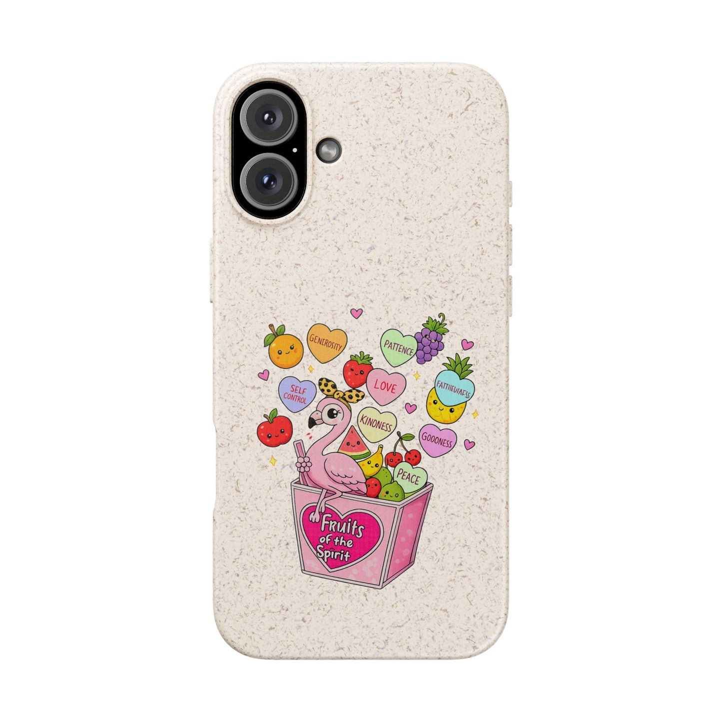 Biodegradable Phone Case — Cute Flamingo & Fruit Hearts "Fruity Love" Eco-Friendly iPhone Cover