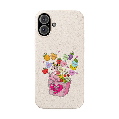 Biodegradable Phone Case — Cute Flamingo & Fruit Hearts "Fruity Love" Eco-Friendly iPhone Cover