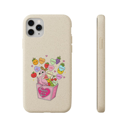 Biodegradable Phone Case — Cute Flamingo & Fruit Hearts "Fruity Love" Eco-Friendly iPhone Cover