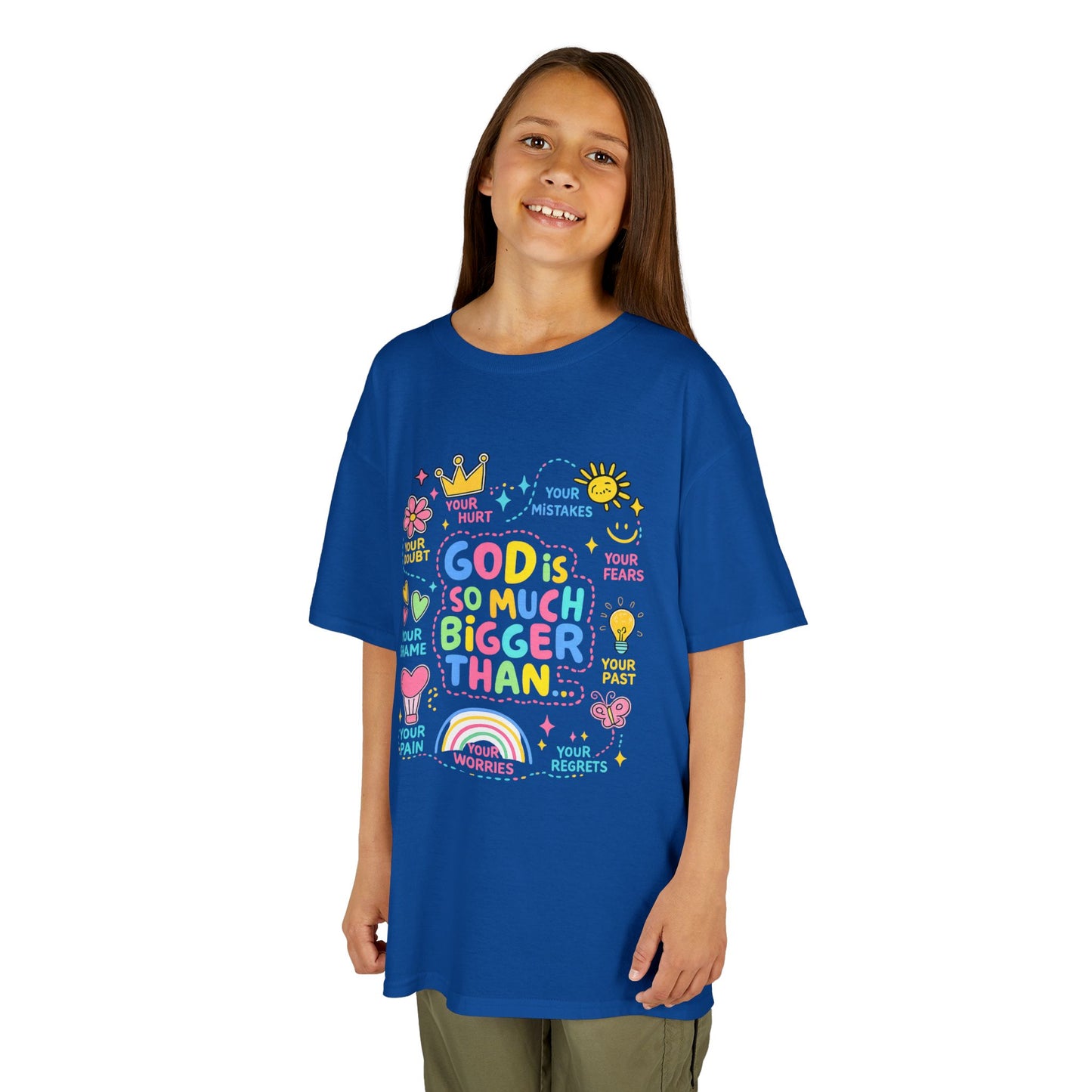UNISEX Kids Tee — "God Is So Much Bigger Than" Colorful Faith Graphic