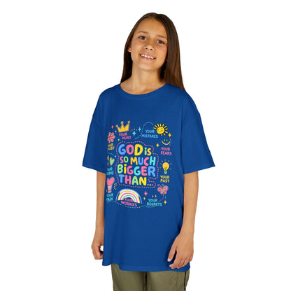 UNISEX Kids Tee — "God Is So Much Bigger Than" Colorful Faith Graphic