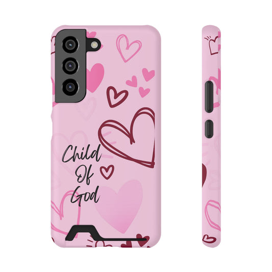 Pink "Child of God" Phone Card Case — Heart Pattern Religious Phone Case with Card Holder