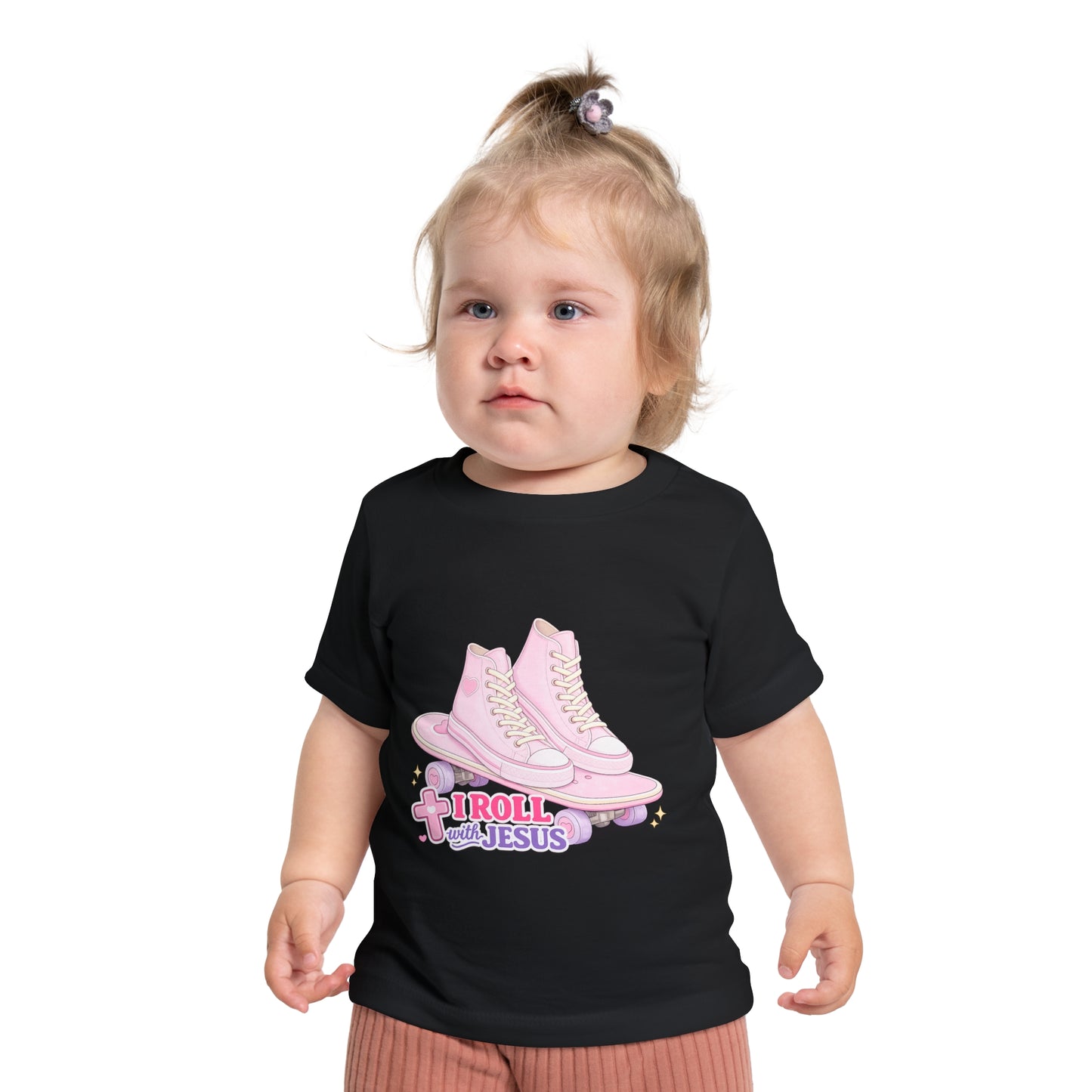 Baby T-Shirt — Pink Roller Skates "I Roll with Jesus" | Christian Infant Tee