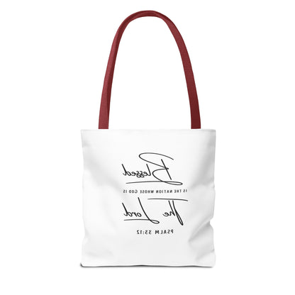Patriotic Faith Tote Bag — Watercolor Flag with Cross & "Blessed By the Lord" Scripture