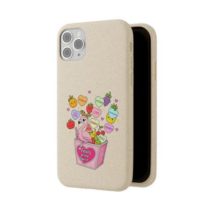 Biodegradable Phone Case — Cute Flamingo & Fruit Hearts "Fruity Love" Eco-Friendly iPhone Cover