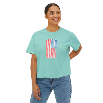 Blessed Tee — Women’s Boxy Christian T-Shirt with Flag Cross (Psalm 33:12)