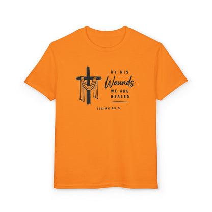 Youth T-Shirt - "By His Wounds We Are Healed" Christian Cross Tee
