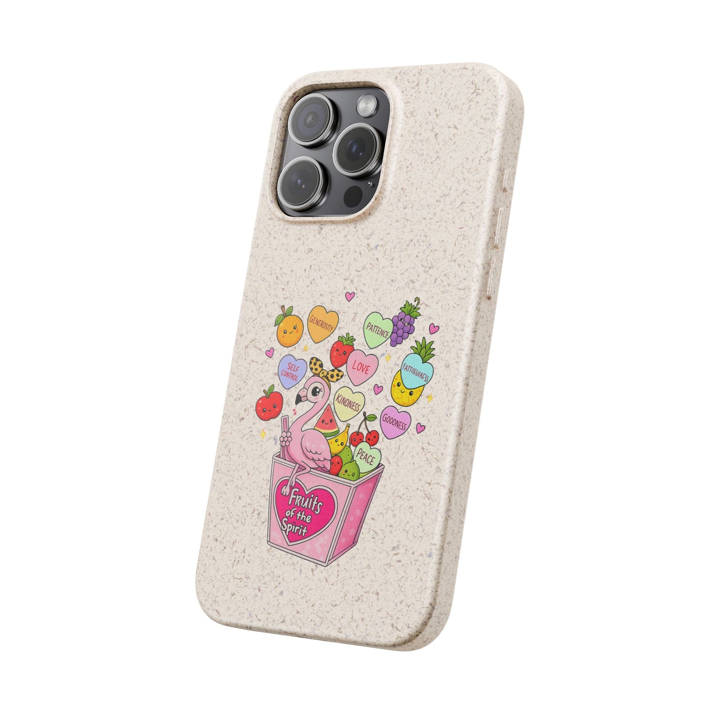 Biodegradable Phone Case — Cute Flamingo & Fruit Hearts "Fruity Love" Eco-Friendly iPhone Cover
