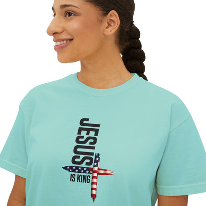 Jesus Is King American Flag Cross Women's Boxy Tee